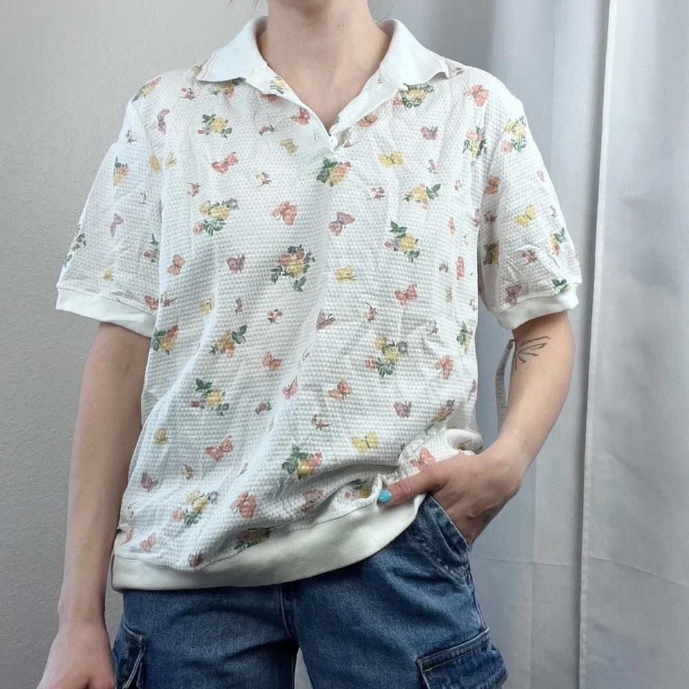 Vintage Floral Butterfly Top‎ Womens Large Cottagecore Garden Grandma Whimsical